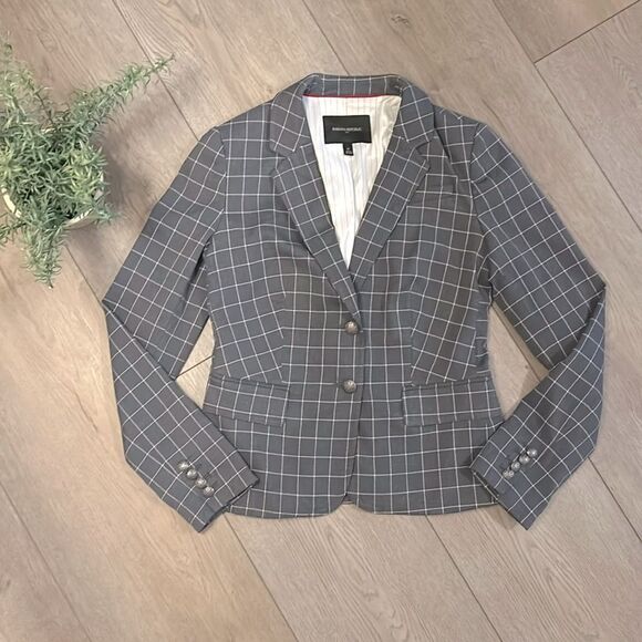 LIKE NEW BANANA REPUBLIC ACADEMY BLAZER DARK GRAY WINDOWPANE PATTERN SIZE 0 - Picture 1 of 5